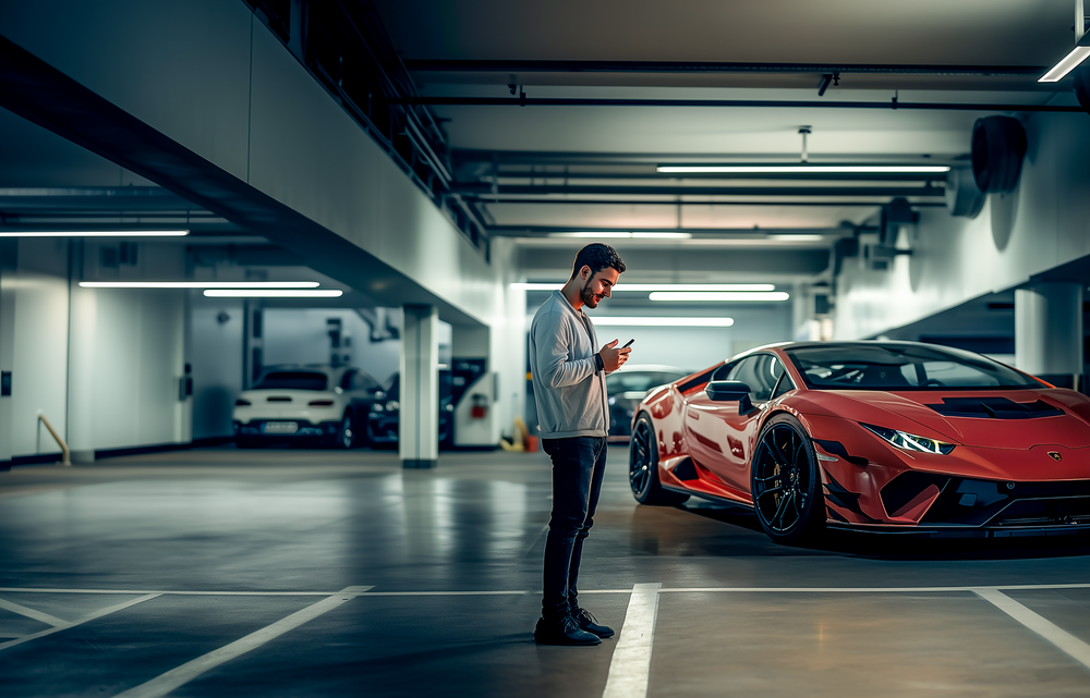 Mann mit handy in der Hand in der BOE Parkgarage